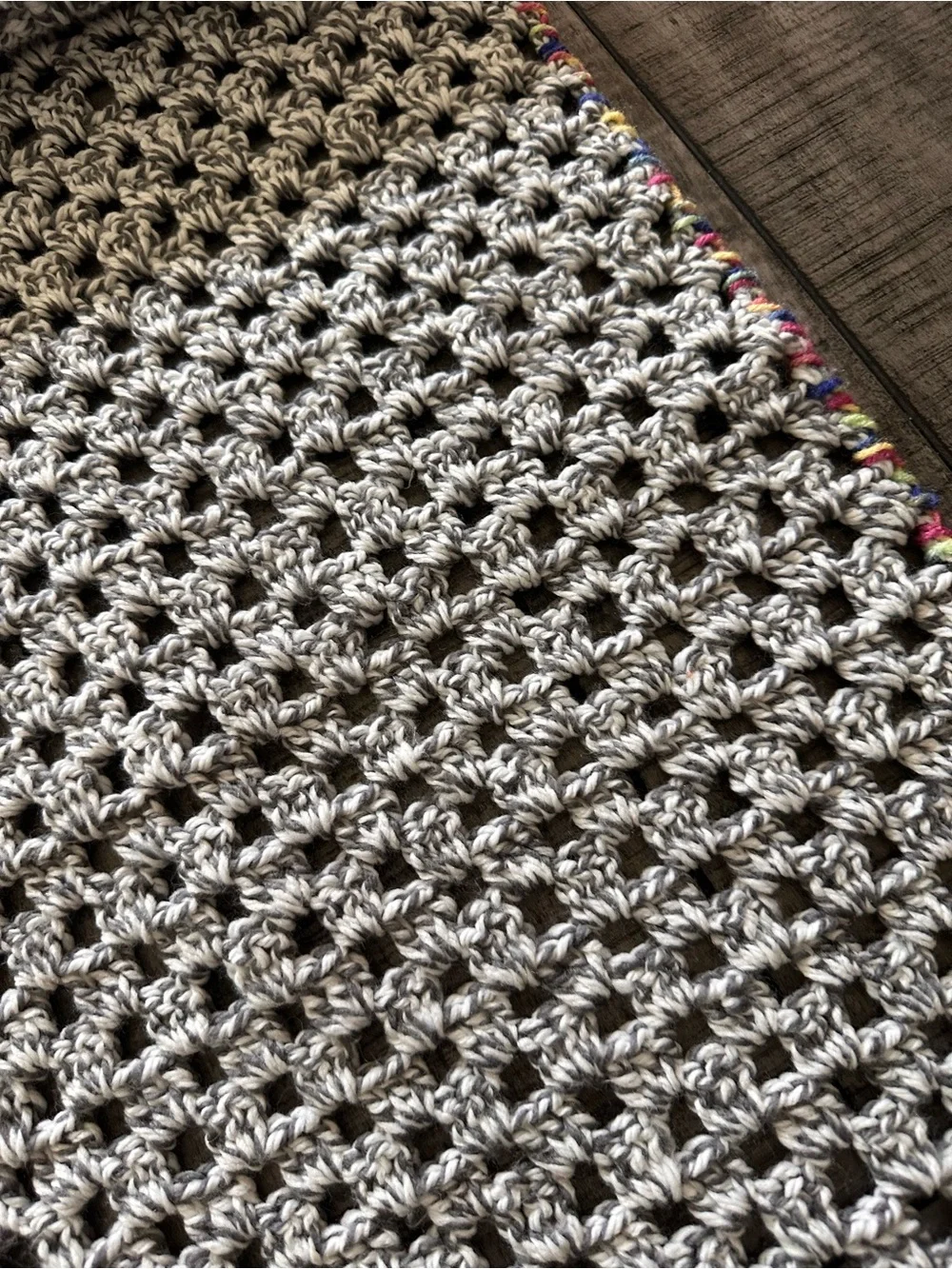 Handmade Crocheted Table Runner in Light Gray with Multicolor Trim